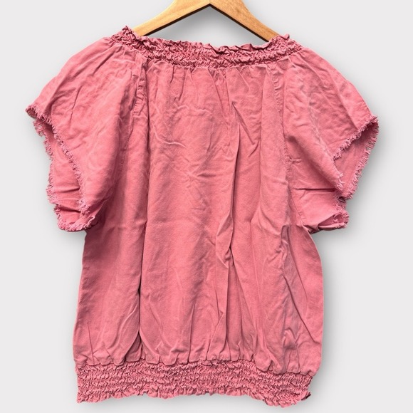 Relaxed Old Rose Plain Boho Neutral Chic Cuffed Sleeve‎ Smocked Blouse Sz L - Picture 3 of 11